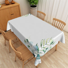 Lofaris Ink Green Leaves Simple White Rectangle Tablecloth