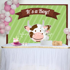 Lofaris Its A Boy Cute Cow Green Stripe Baby Shower Backdrop