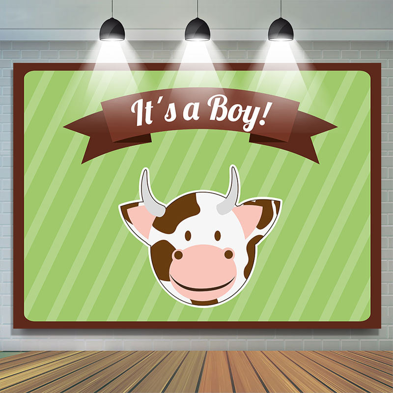 Lofaris Its A Boy Cute Cow Green Stripe Baby Shower Backdrop