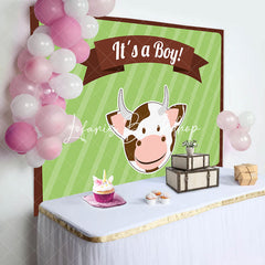 Lofaris Its A Boy Cute Cow Green Stripe Baby Shower Backdrop