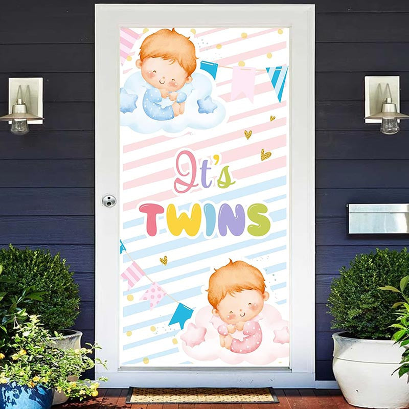 Lofaris Its Twins Pink Blue Stripe Baby Shower Door Cover