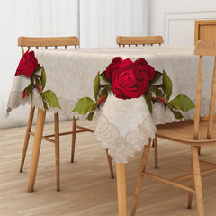 Lofaris Ivory Red Flower Rectangle Tablecloth for Restaurant