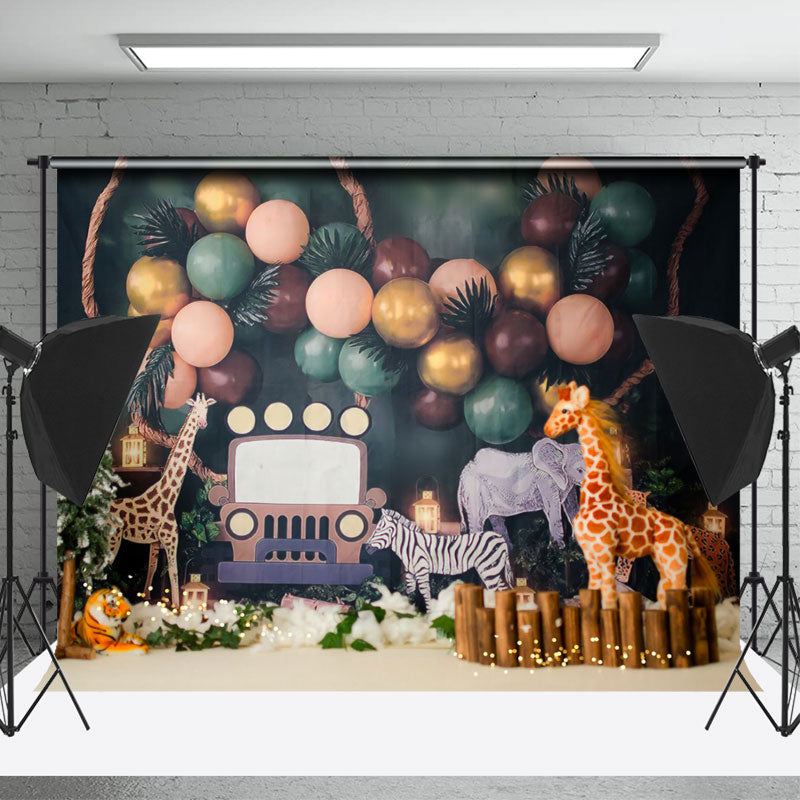 Lofaris Jungle Forest Animals Green Cake Smash Backdrop