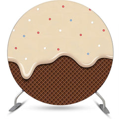 Lofaris Khaki Cream Brown Plaid Dots Round Birthday Backdrop