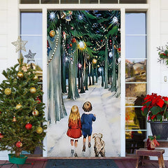 Lofaris Kits And Dog Forest Path Snow Christmas Door Cover