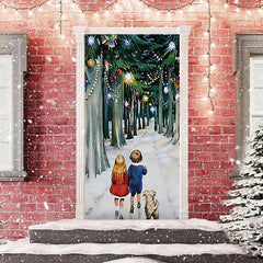 Lofaris Kits And Dog Forest Path Snow Christmas Door Cover