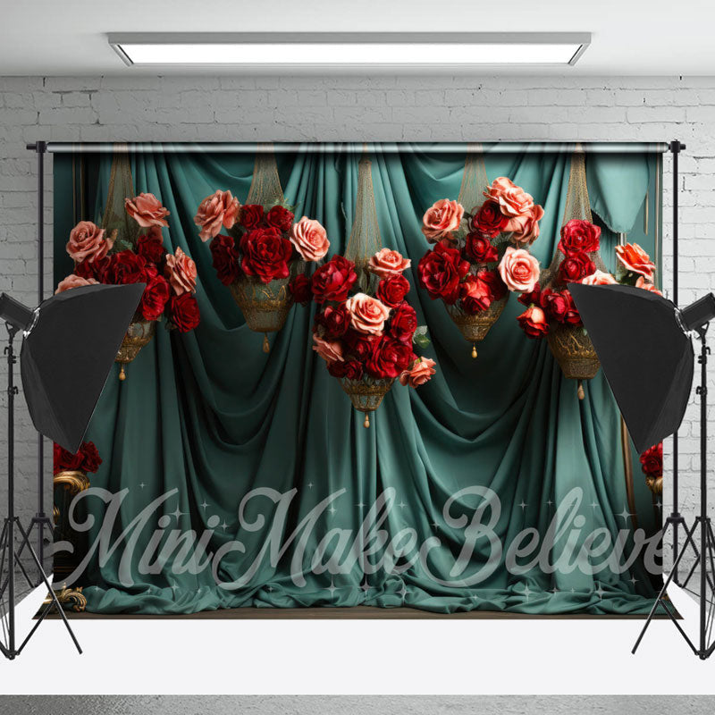 Lofaris Lake Green Curtain Roses Basket Floral Backdrop