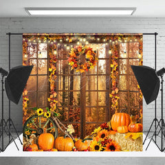 Lofaris Leaves Autumn Window Pumpkin Photography Backdrop