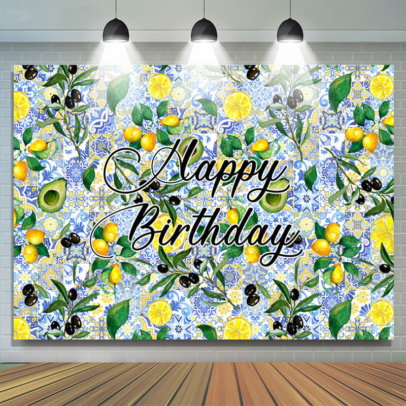 Lofaris Lemon Avocado Blue Delicate Pattern Birthday Backdrop