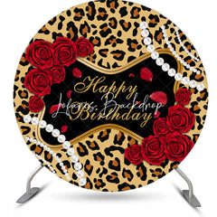 Lofaris Leopard Red Rose Pearl Round Happy Birthday Backdrop