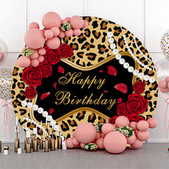 Lofaris Leopard Red Rose Pearl Round Happy Birthday Backdrop