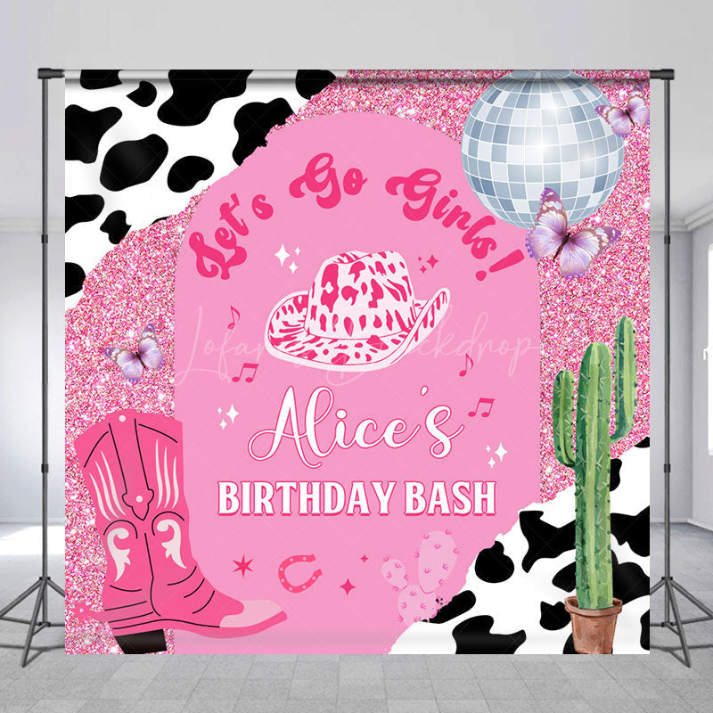 Lofaris Lets Go Girls Custom Pink Cowgirl Birthday Backdrop