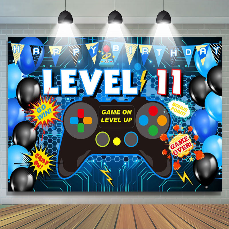 Lofaris Level 11 Gamepad Blue Balloon Happy Birthday Backdrop