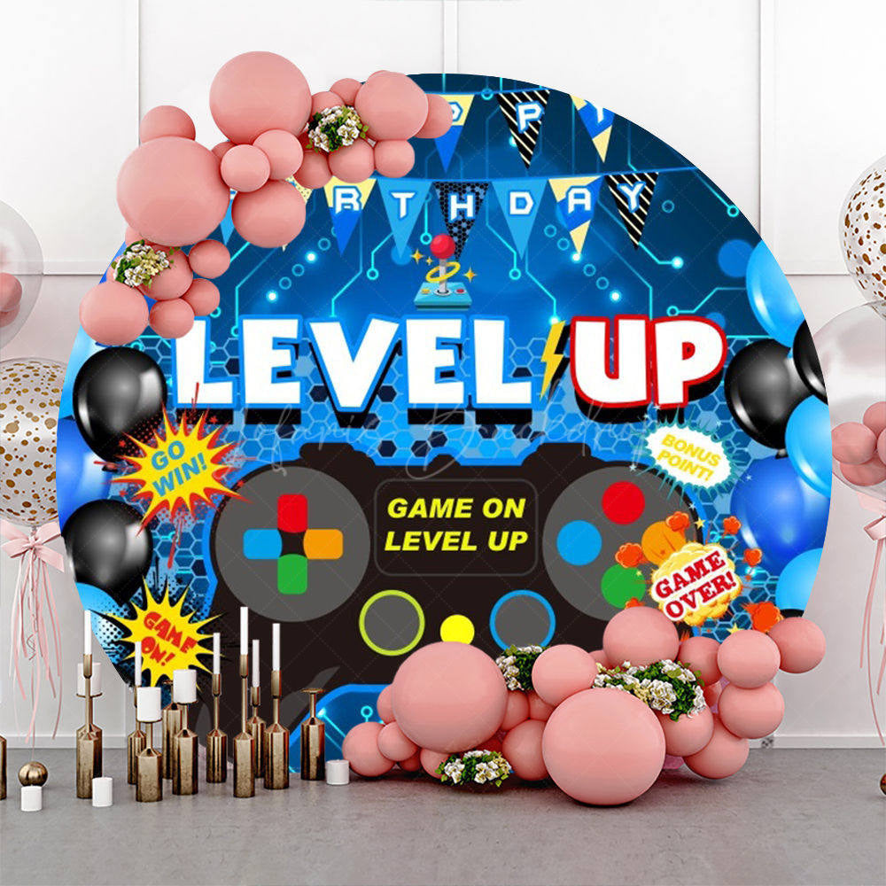 Lofaris Level Up Gamepad Balloon Blue Round Birthday Backdrop