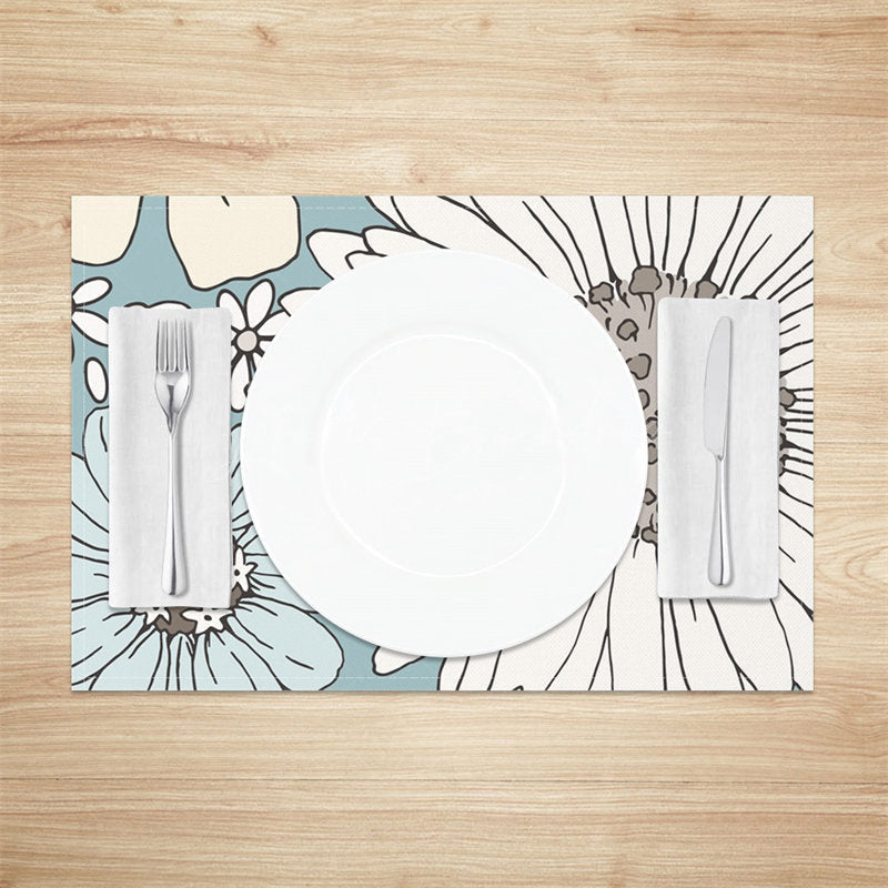 Lofaris Light Blue White Flowers Dining Set Of 4 Placemats