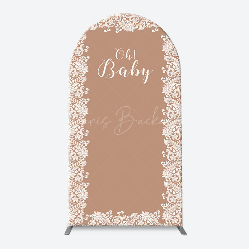 Lofaris Light Brown White Leaf Pattern Oh Baby Arch Backdrop