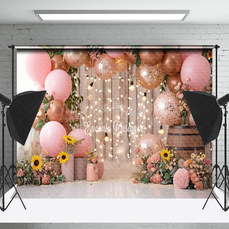 Lofaris Light Floral Leaves Pink Balloons Wedding Backdrop