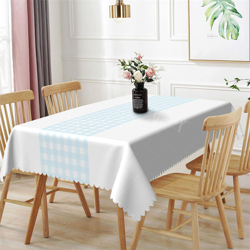 Lofaris Light Grey White Blue Plaid Rectangle Tablecloth