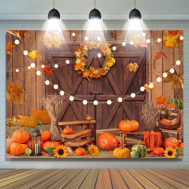 Light Wood Door Pumpkin Maple Leaves Autumn Backdrop - Lofaris