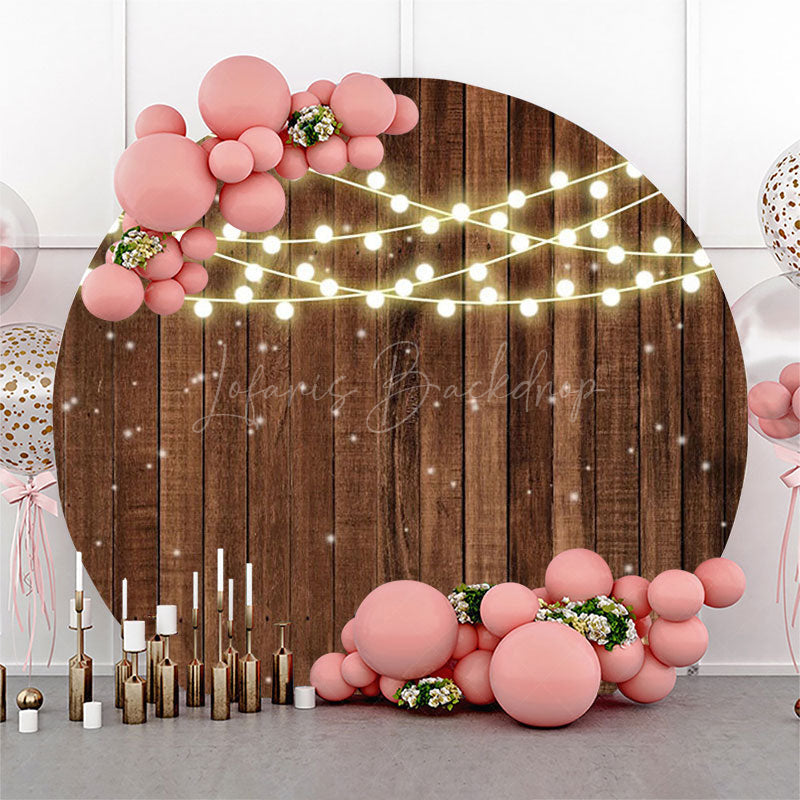 Lofaris Lights Dot Brown Wooden Wall Round Birthday Backdrop