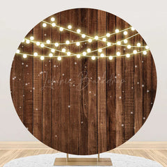 Lofaris Lights Dot Brown Wooden Wall Round Birthday Backdrop