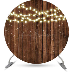 Lofaris Lights Dot Brown Wooden Wall Round Birthday Backdrop