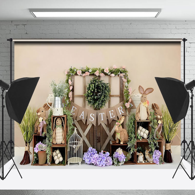 Lofaris Lilac Rabbits Green Garden Easter Photo Backdrop