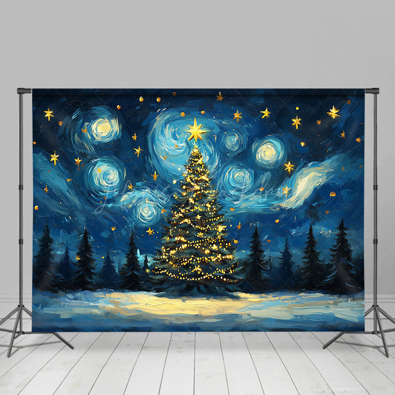 Lofaris Abstract Blue Starry Sky Xmas Tree Christmas Backdrop