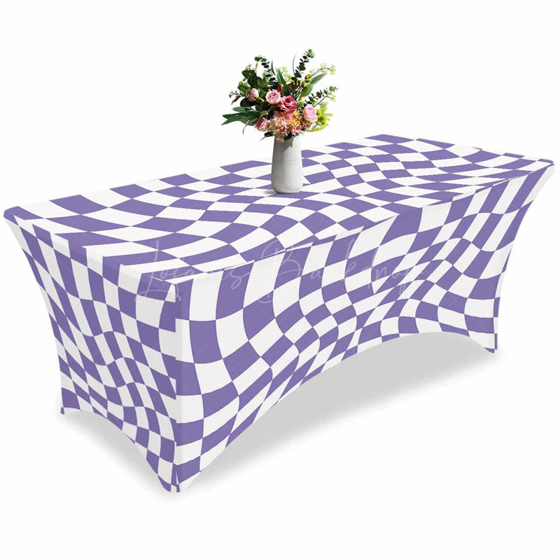 Lofaris Abstract Purple White Checker Fitted Stretch Table Cover