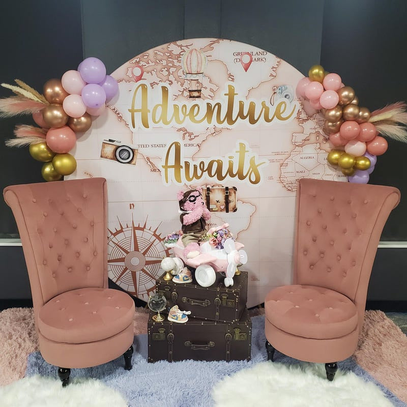 Lofaris Adventure Awaits Pink Map Baby Shower Round Backdrop