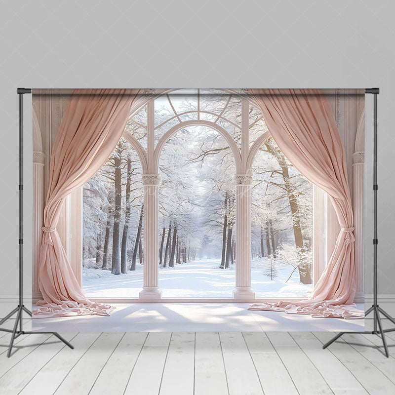 Lofaris Aesthetic Curtain Snowy Forest Window Scene Backdrop