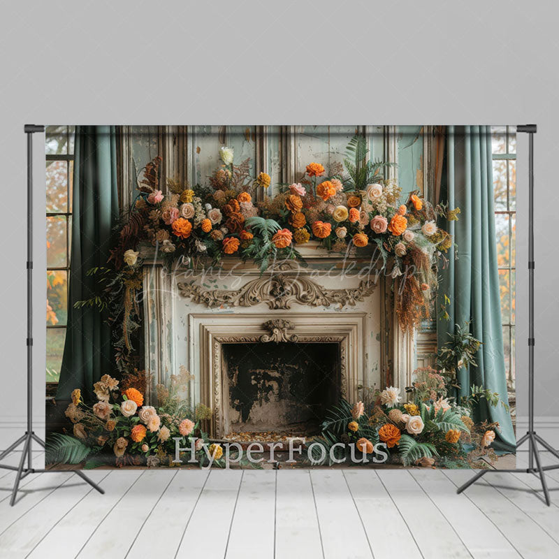 Lofaris Ancient Luxury Fireplace Floral Christmas Backdrop