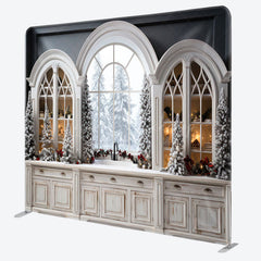 Lofaris Arch Windows Cabinet Snowy Christmas Square Backdrop