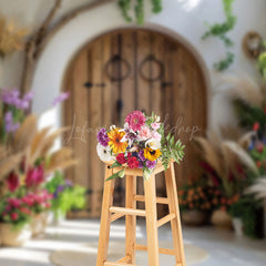 Lofaris Arch Wooden Door Boho Hay Floral Photo Backdrop