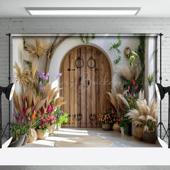 Lofaris Arch Wooden Door Boho Hay Floral Photo Backdrop