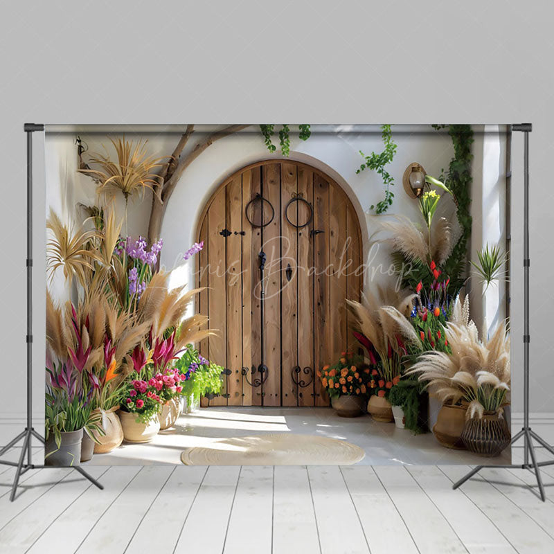 Lofaris Arch Wooden Door Boho Hay Floral Photo Backdrop