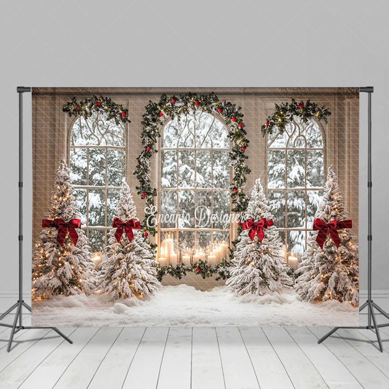 Lofaris Arched Window Pine Tree Red Bow Christmas Backdrop