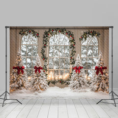 Lofaris Arched Window Pine Tree Red Bow Christmas Backdrop