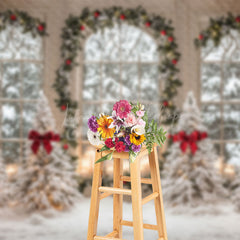 Lofaris Arched Window Pine Tree Red Bow Christmas Backdrop