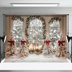 Lofaris Arched Window Pine Tree Red Bow Christmas Backdrop