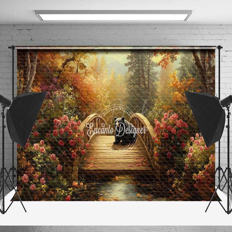 Lofaris Autumn Floral Bear Bridge Forest Photography Backdrop