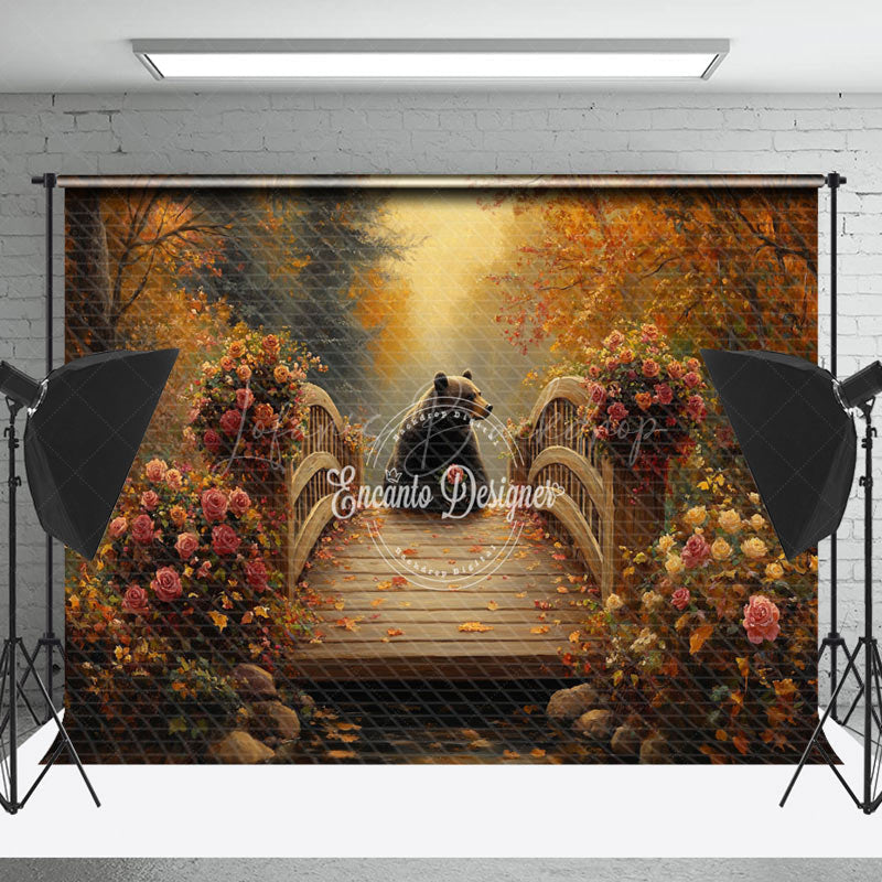 Lofaris Autumn Forest Floral Bear Bridge Photography Backdrop