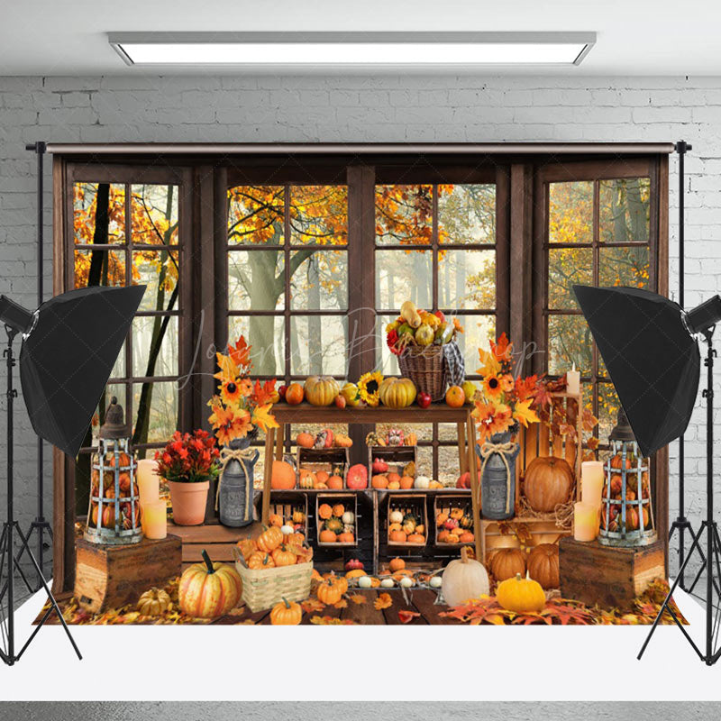 Lofaris Autumn Harvest Window Maple Forest Pumpkins Backdrop