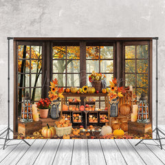 Lofaris Autumn Harvest Window Maple Forest Pumpkins Backdrop