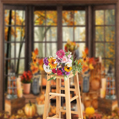 Lofaris Autumn Harvest Window Maple Forest Pumpkins Backdrop