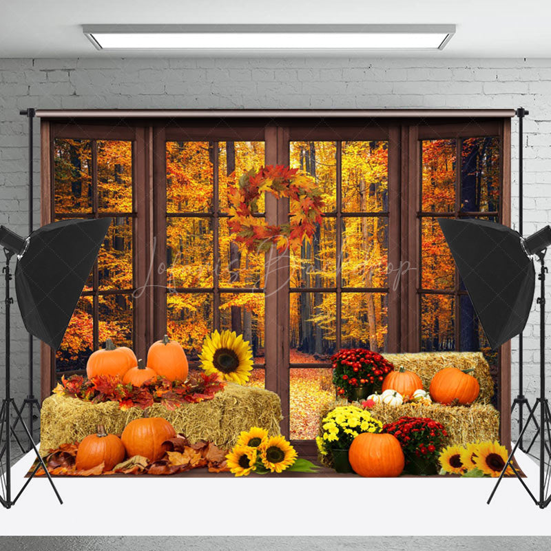 Lofaris Autumn Haystack Pumpkins Window Sunflower Backdrop