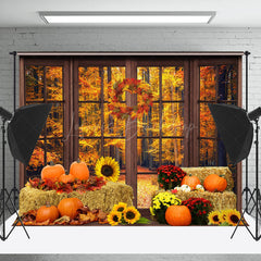 Lofaris Autumn Haystack Pumpkins Window Sunflower Backdrop