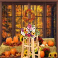 Lofaris Autumn Haystack Pumpkins Window Sunflower Backdrop