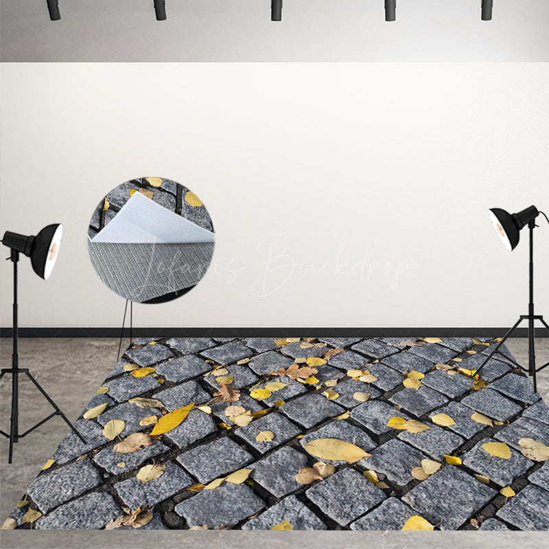 Lofaris Autumn Leaves Grey Road Bricks Fabric Floor Backdrop