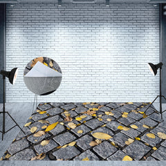 Lofaris Autumn Leaves Grey Road Bricks Fabric Floor Backdrop